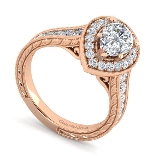 Vintage Inspired 14K Rose Gold Pear Shape Halo Diamond Channel Set Engagement Ring