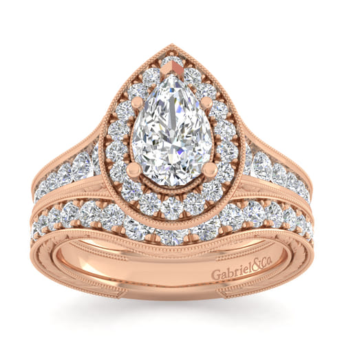 Vintage Inspired 14K Rose Gold Pear Shape Halo Diamond Channel Set Engagement Ring