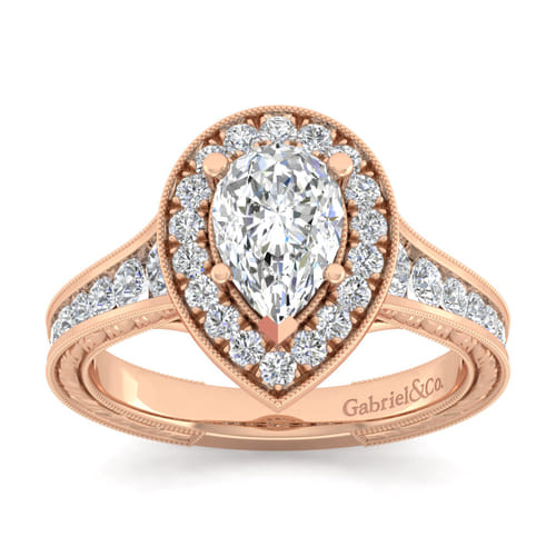 Vintage Inspired 14K Rose Gold Pear Shape Halo Diamond Channel Set Engagement Ring