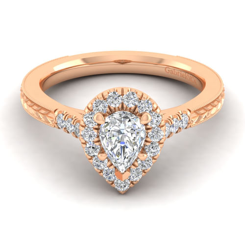 Vintage Inspired 14K Rose Gold Pear Shape Halo Diamond Engagement Ring