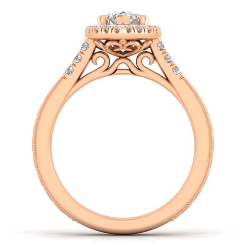 Vintage Inspired 14K Rose Gold Pear Shape Halo Diamond Engagement Ring