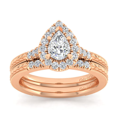Vintage Inspired 14K Rose Gold Pear Shape Halo Diamond Engagement Ring