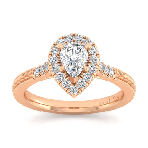 Vintage Inspired 14K Rose Gold Pear Shape Halo Diamond Engagement Ring