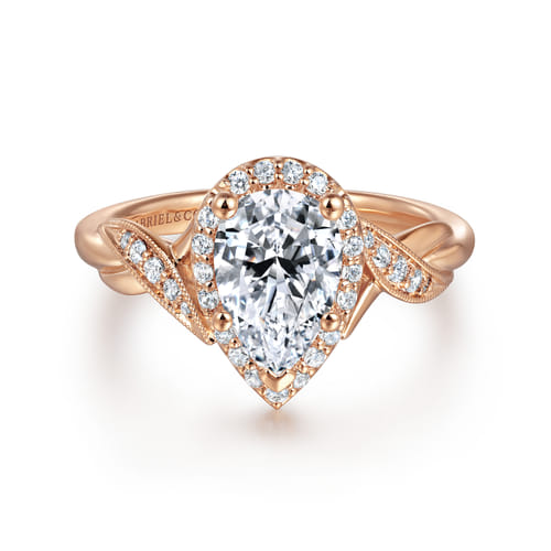 Vintage Inspired 14K Rose Gold Pear Shape Halo Diamond Engagement Ring