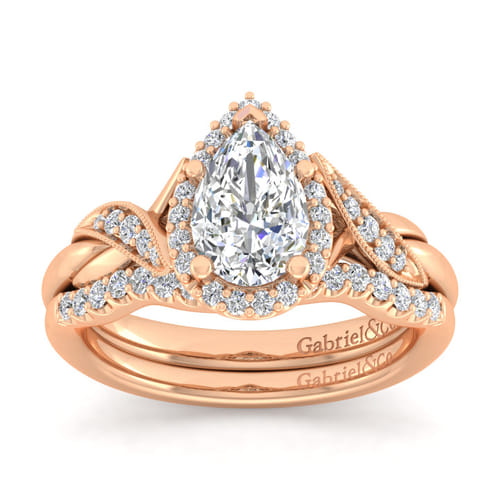 Vintage Inspired 14K Rose Gold Pear Shape Halo Diamond Engagement Ring