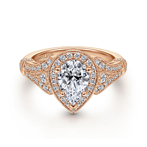 Vintage Inspired 14K Rose Gold Pear Shape Halo Diamond Engagement Ring