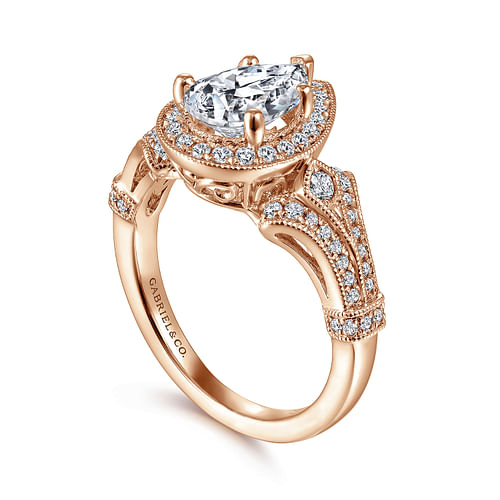 Vintage Inspired 14K Rose Gold Pear Shape Halo Diamond Engagement Ring