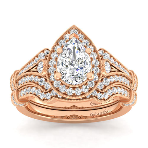 Vintage Inspired 14K Rose Gold Pear Shape Halo Diamond Engagement Ring