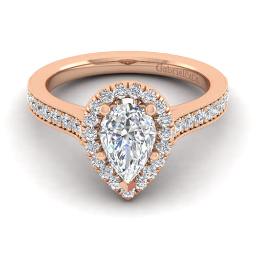 Vintage Inspired 14K Rose Gold Pear Shape Halo Diamond Engagement Ring