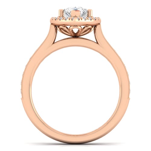 Vintage Inspired 14K Rose Gold Pear Shape Halo Diamond Engagement Ring