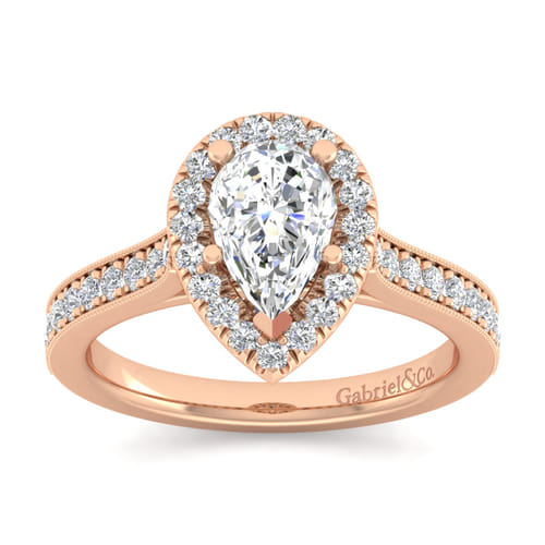 Vintage Inspired 14K Rose Gold Pear Shape Halo Diamond Engagement Ring
