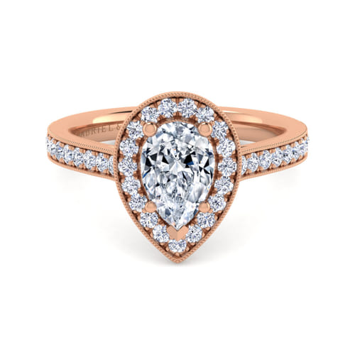 Vintage Inspired 14K Rose Gold Pear Shape Halo Diamond Engagement Ring