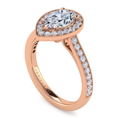 Vintage Inspired 14K Rose Gold Pear Shape Halo Diamond Engagement Ring