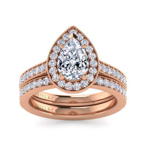 Vintage Inspired 14K Rose Gold Pear Shape Halo Diamond Engagement Ring