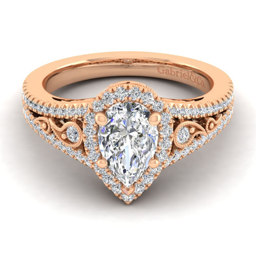 Vintage Inspired 14K Rose Gold Pear Shape Halo Diamond Engagement Ring