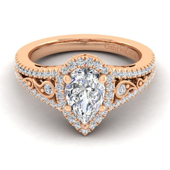 Gabriel - Vintage Inspired 14K Rose Gold Pear Shape Halo Diamond Engagement Ring