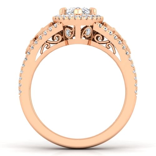 Vintage Inspired 14K Rose Gold Pear Shape Halo Diamond Engagement Ring