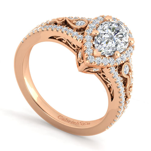 Vintage Inspired 14K Rose Gold Pear Shape Halo Diamond Engagement Ring