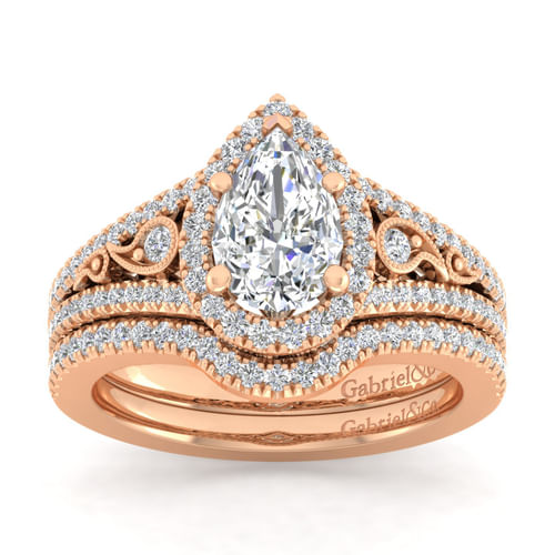 Vintage Inspired 14K Rose Gold Pear Shape Halo Diamond Engagement Ring