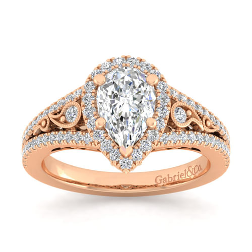 Vintage Inspired 14K Rose Gold Pear Shape Halo Diamond Engagement Ring