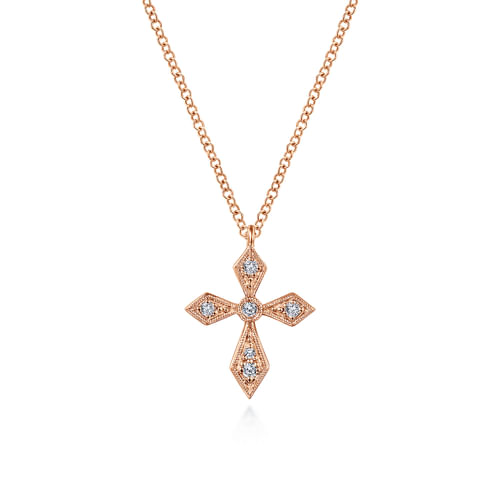 Vintage Inspired 14K Rose Gold Pointed Diamond Cross Pendant Necklace