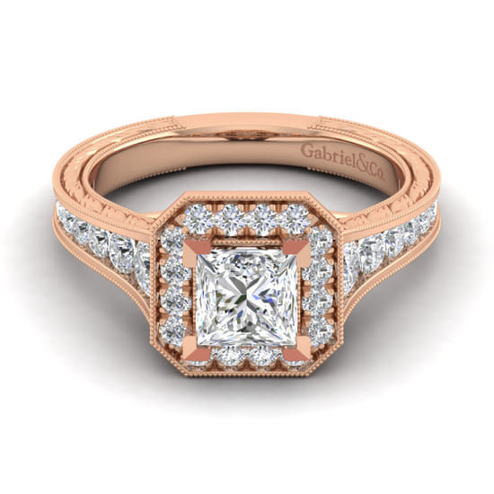 Gabriel - Vintage Inspired 14K Rose Gold Princess Halo Diamond Channel Set Engagement Ring
