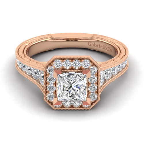 Vintage Inspired 14K Rose Gold Princess Halo Diamond Channel Set Engagement Ring Vintage Inspired 14K Rose Gold Princess Halo Diamond Channel Set Engagement Ring