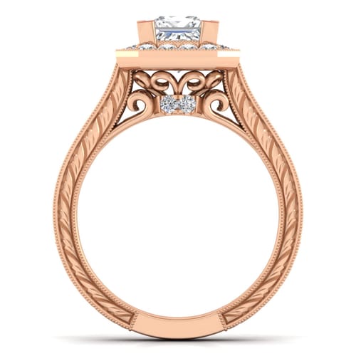 Vintage Inspired 14K Rose Gold Princess Halo Diamond Channel Set Engagement Ring Vintage Inspired 14K Rose Gold Princess Halo Diamond Channel Set Engagement Ring