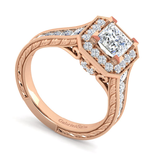 Vintage Inspired 14K Rose Gold Princess Halo Diamond Channel Set Engagement Ring Vintage Inspired 14K Rose Gold Princess Halo Diamond Channel Set Engagement Ring