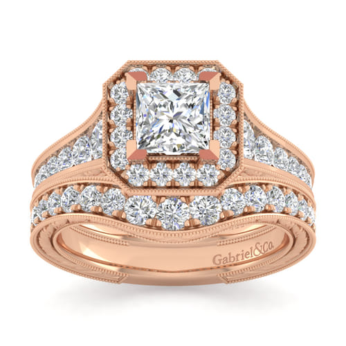 Vintage Inspired 14K Rose Gold Princess Halo Diamond Channel Set Engagement Ring Vintage Inspired 14K Rose Gold Princess Halo Diamond Channel Set Engagement Ring