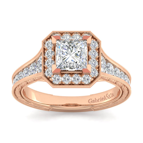 Vintage Inspired 14K Rose Gold Princess Halo Diamond Channel Set Engagement Ring Vintage Inspired 14K Rose Gold Princess Halo Diamond Channel Set Engagement Ring