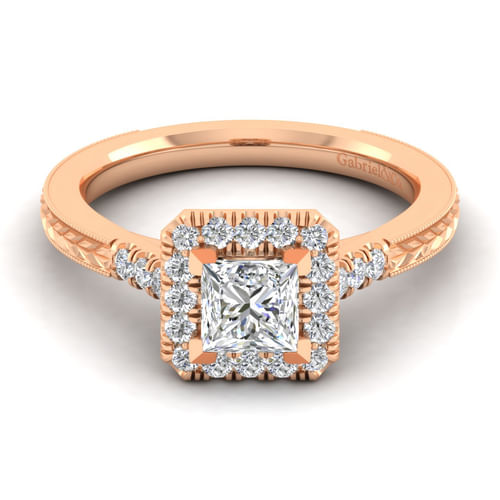 Vintage Inspired 14K Rose Gold Princess Halo Diamond Engagement Ring