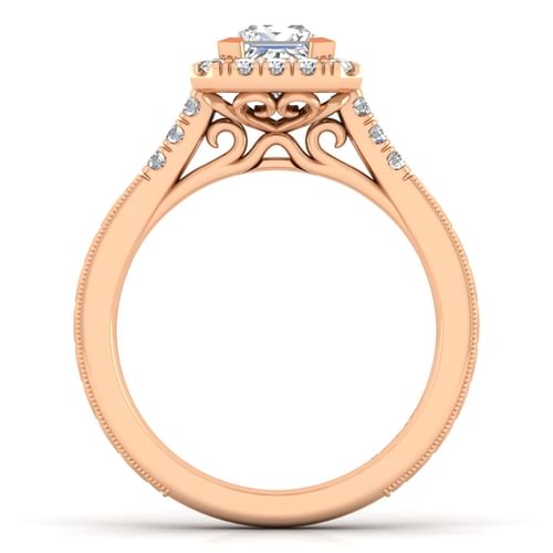 Vintage Inspired 14K Rose Gold Princess Halo Diamond Engagement Ring