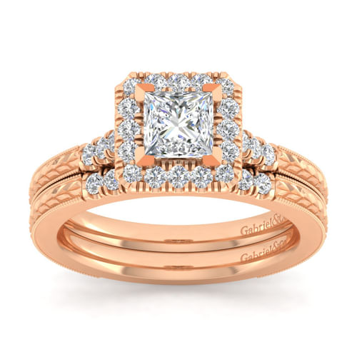 Vintage Inspired 14K Rose Gold Princess Halo Diamond Engagement Ring