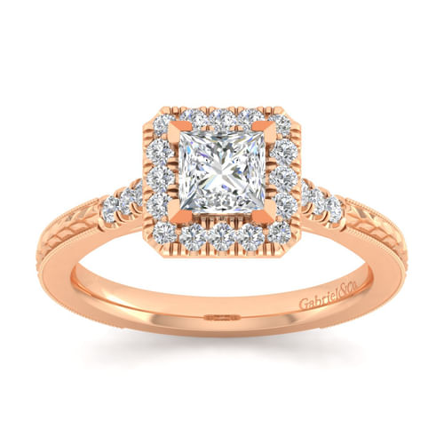 Vintage Inspired 14K Rose Gold Princess Halo Diamond Engagement Ring