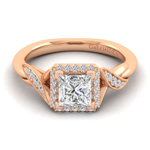 Vintage Inspired 14K Rose Gold Princess Halo Diamond Engagement Ring