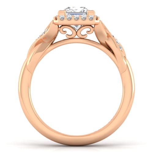 Vintage Inspired 14K Rose Gold Princess Halo Diamond Engagement Ring