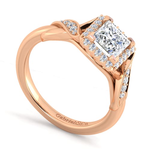 Vintage Inspired 14K Rose Gold Princess Halo Diamond Engagement Ring