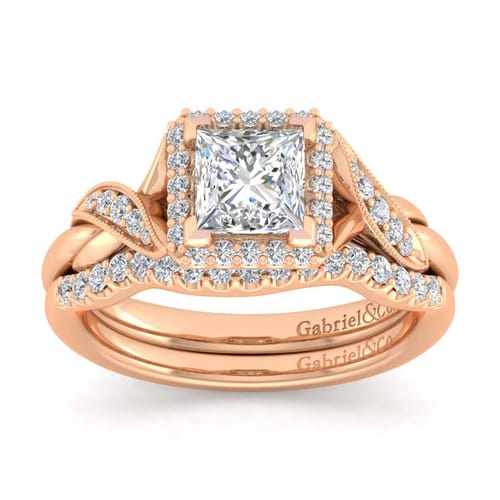 Vintage Inspired 14K Rose Gold Princess Halo Diamond Engagement Ring