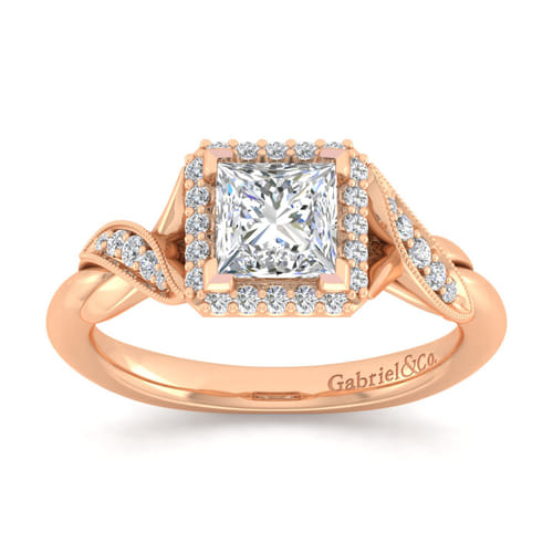 Vintage Inspired 14K Rose Gold Princess Halo Diamond Engagement Ring