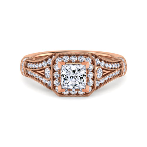 Vintage Inspired 14K Rose Gold Princess Halo Diamond Engagement Ring