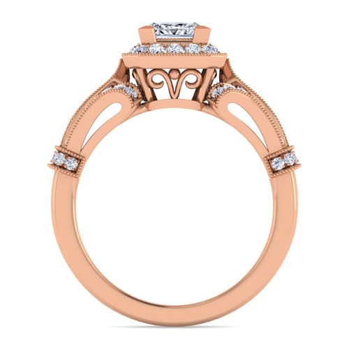 Vintage Inspired 14K Rose Gold Princess Halo Diamond Engagement Ring