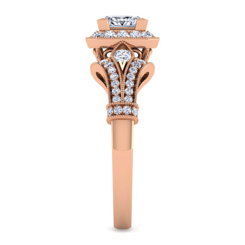 Vintage Inspired 14K Rose Gold Princess Halo Diamond Engagement Ring