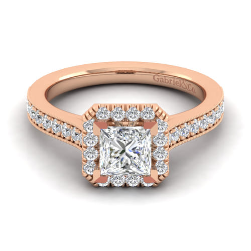 Vintage Inspired 14K Rose Gold Princess Halo Diamond Engagement Ring