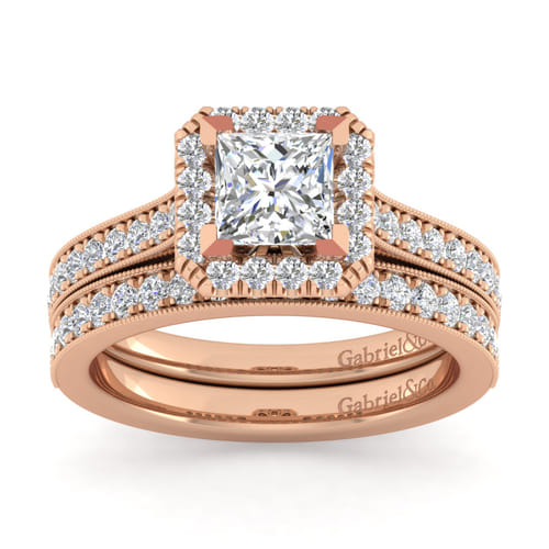 Vintage Inspired 14K Rose Gold Princess Halo Diamond Engagement Ring Vintage Inspired 14K Rose Gold Princess Halo Diamond Engagement Ring