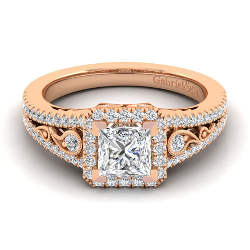 Vintage Inspired 14K Rose Gold Princess Halo Diamond Engagement Ring