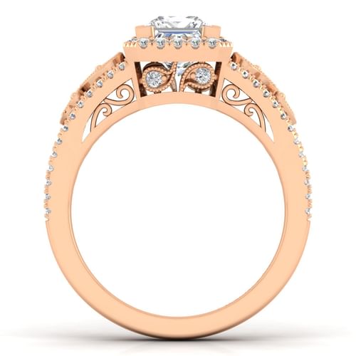 Vintage Inspired 14K Rose Gold Princess Halo Diamond Engagement Ring