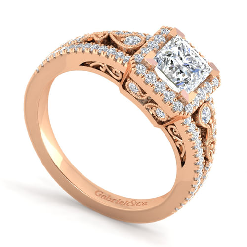 Vintage Inspired 14K Rose Gold Princess Halo Diamond Engagement Ring