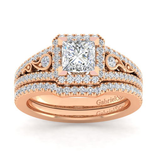 Vintage Inspired 14K Rose Gold Princess Halo Diamond Engagement Ring