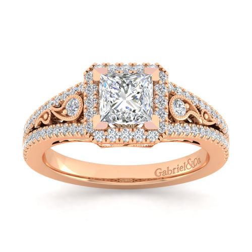 Vintage Inspired 14K Rose Gold Princess Halo Diamond Engagement Ring